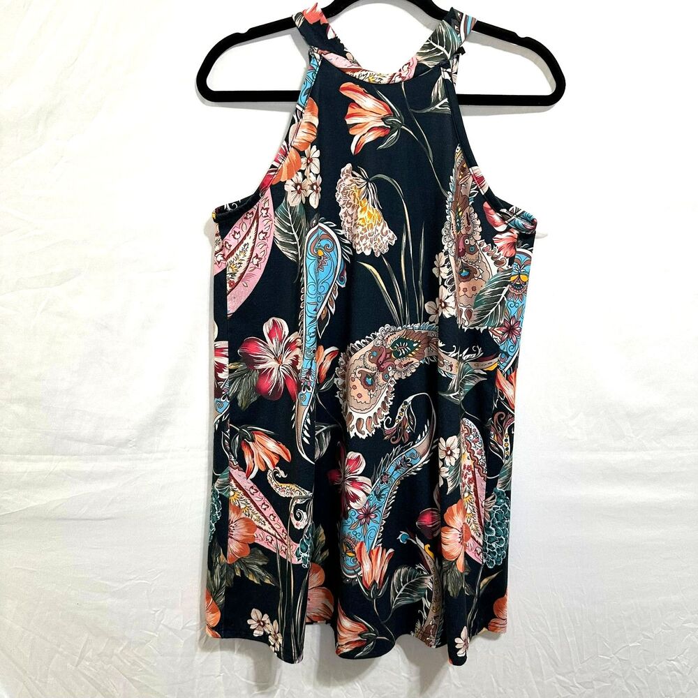 Izuria Women's Racer Back Paisley BOHO Mini Dress Size M Back Tie